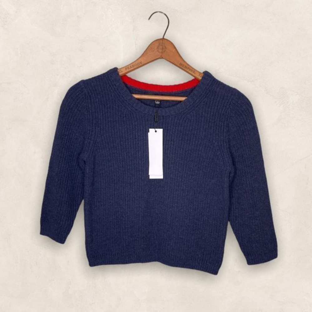 New 525 America Large L Revolve Blue Ribbed Knit Crop Slim Fit‎ Pullover Sweater